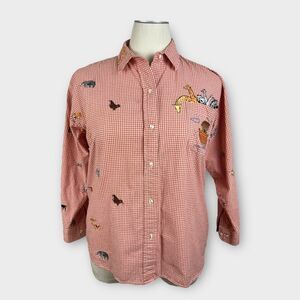 Vintage Orange White Gingham Plaid Embroidered Noahs Ark Animal Blouse XL cotton